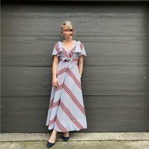 Tanya Taylor Red and White Chevron Midi Dress